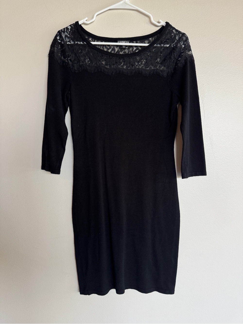 EXPRESS Black Lace Trim Bodycon Knit Mini Dress 3/4 Sleeve Size M